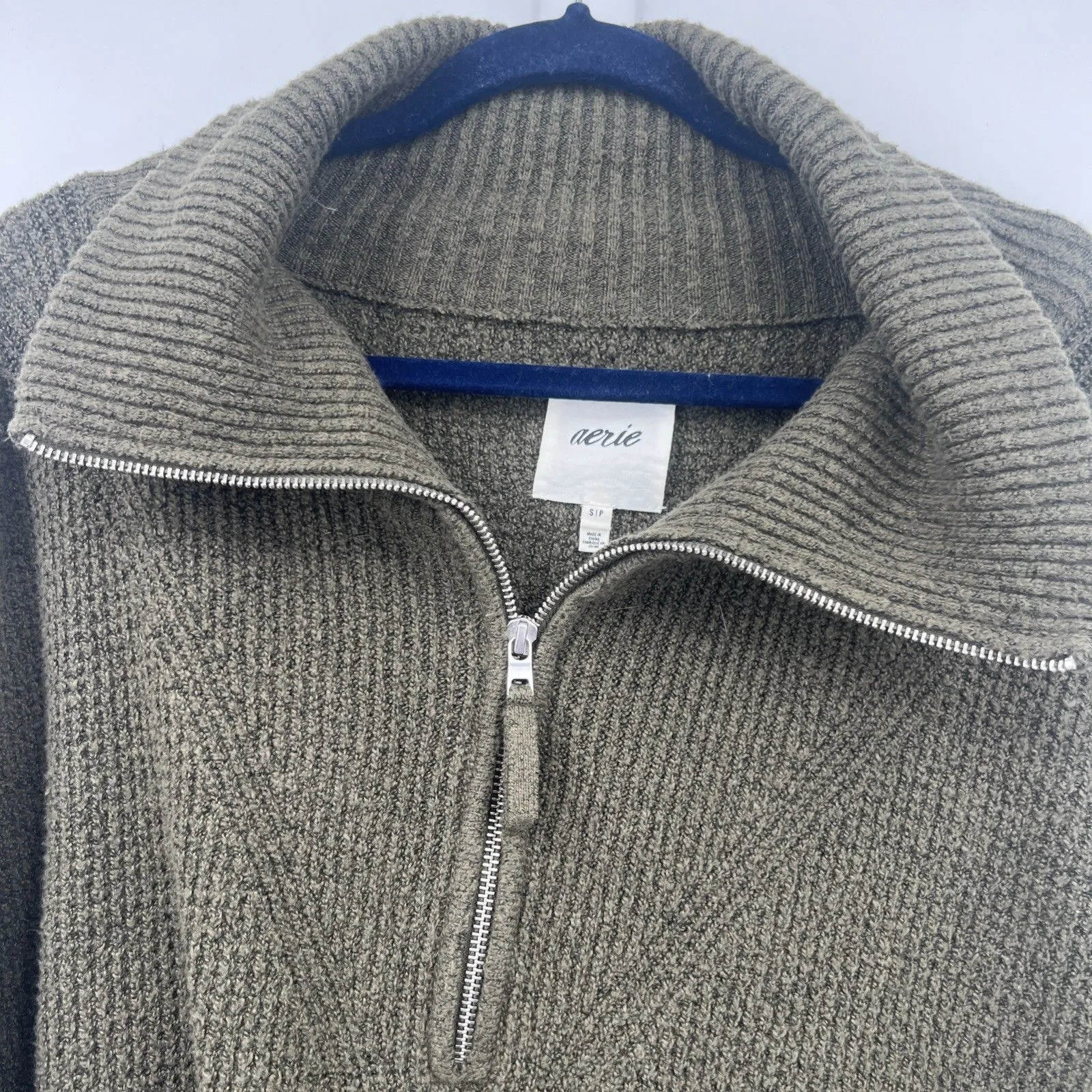 Aerie Waffle Knit Sweater Women’s Small Green Oversized Ribbed Cottage 1/4 Zip - Image 3