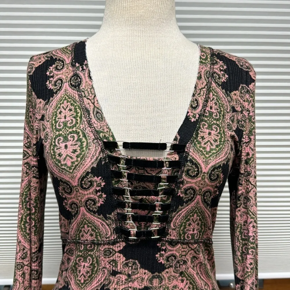 William Rast Adeline Black Pink Green Velvet Henley Strap Long Sleeve Top - Image 3