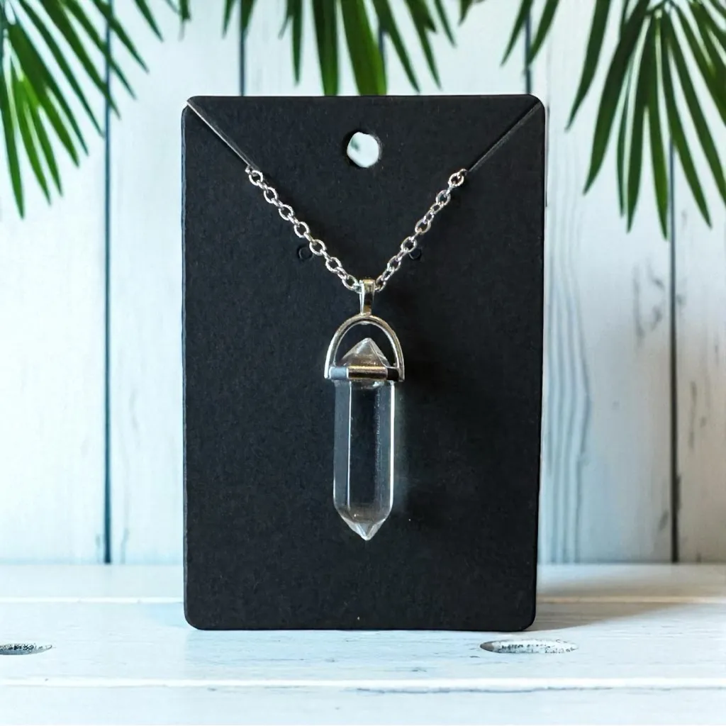 Clear Glass Crystal Point Necklace – Silver Tone Chain – Boho, Witch - Image 2