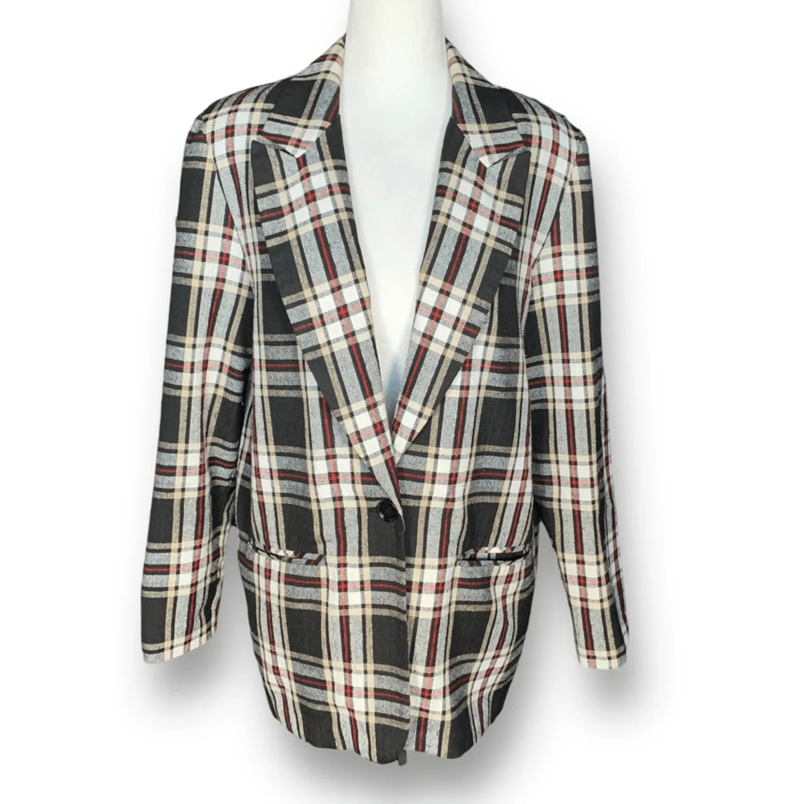 Vintage 90s Blazer Jacket Oversized Black Tan Plaid One Button Preppy Small - Image 9