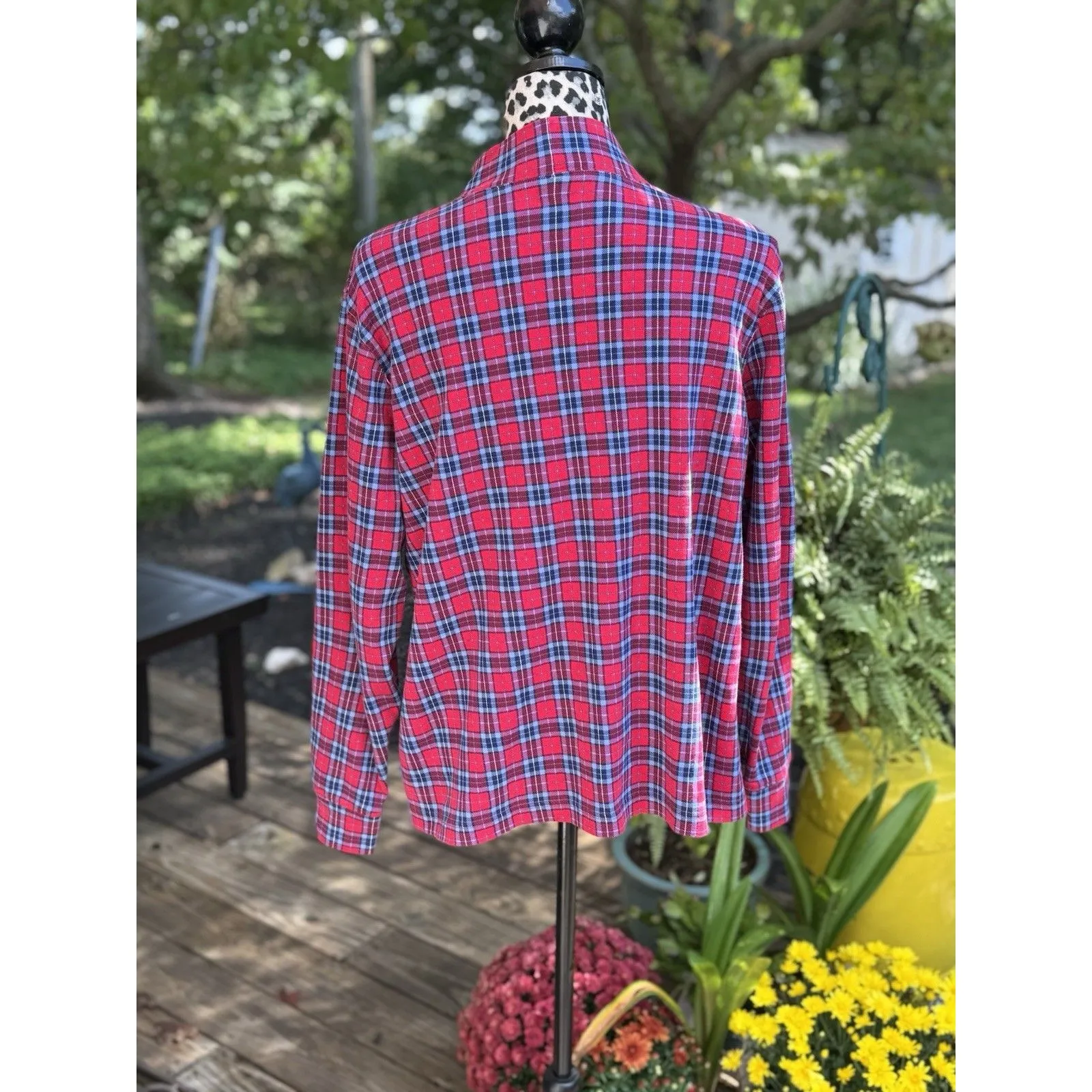 Lands End Top Womens XL Blue Red Tartan Plaid Mock Neck T-Shirt Cotton Pullover - Image 3