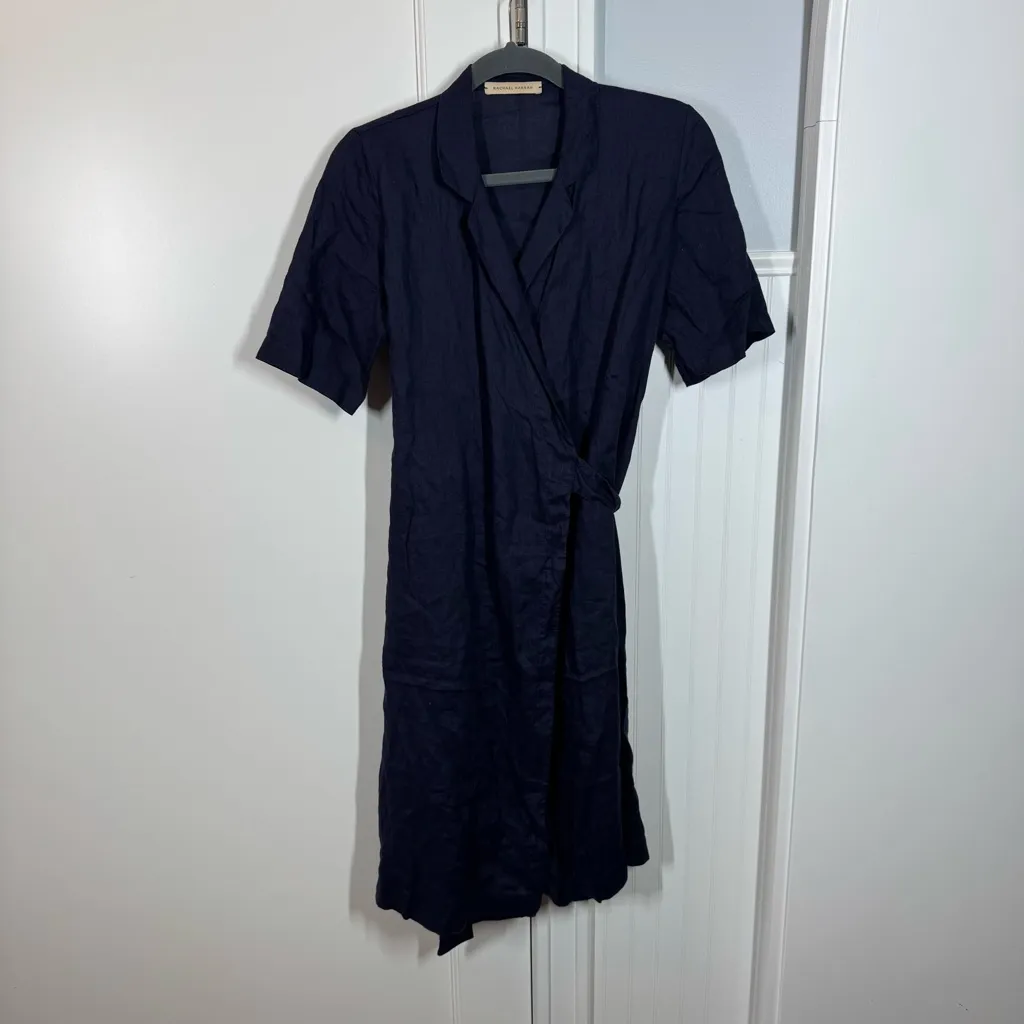 Rachael Harrah Linen Wrap Midi Dress in navy blue size small quiet luxury airy - Image 2