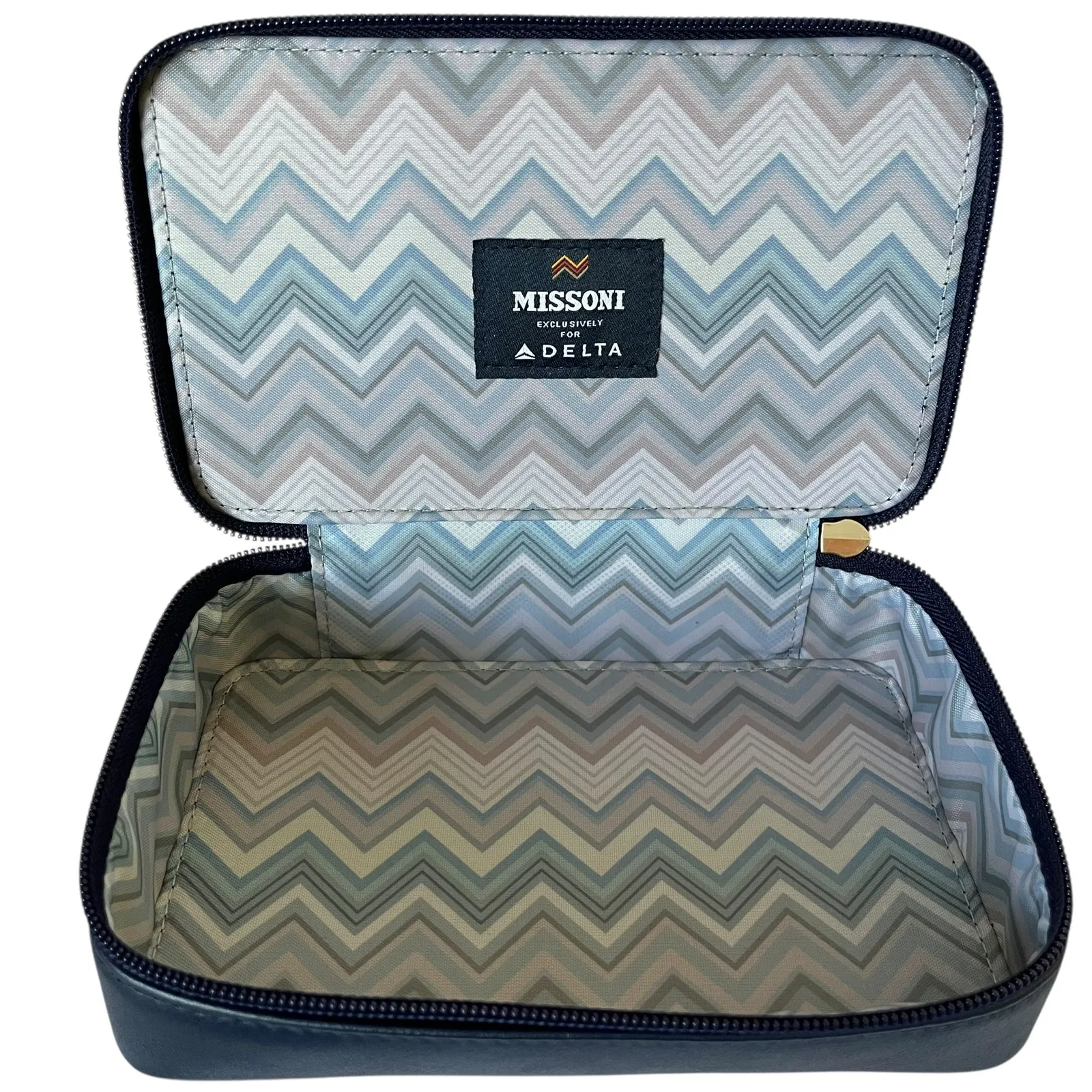 Missoni x Delta One Navy Blue Zigzag Faux Leather Zip Toiletry Cosmetic Case - Image 4