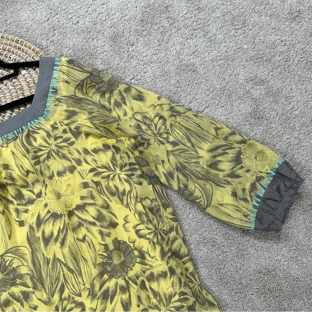 Sundance Women’s 100% Silk Floral Blouse Square Neck 3/4 Sleeve Yellow Gray L Size L - Image 5
