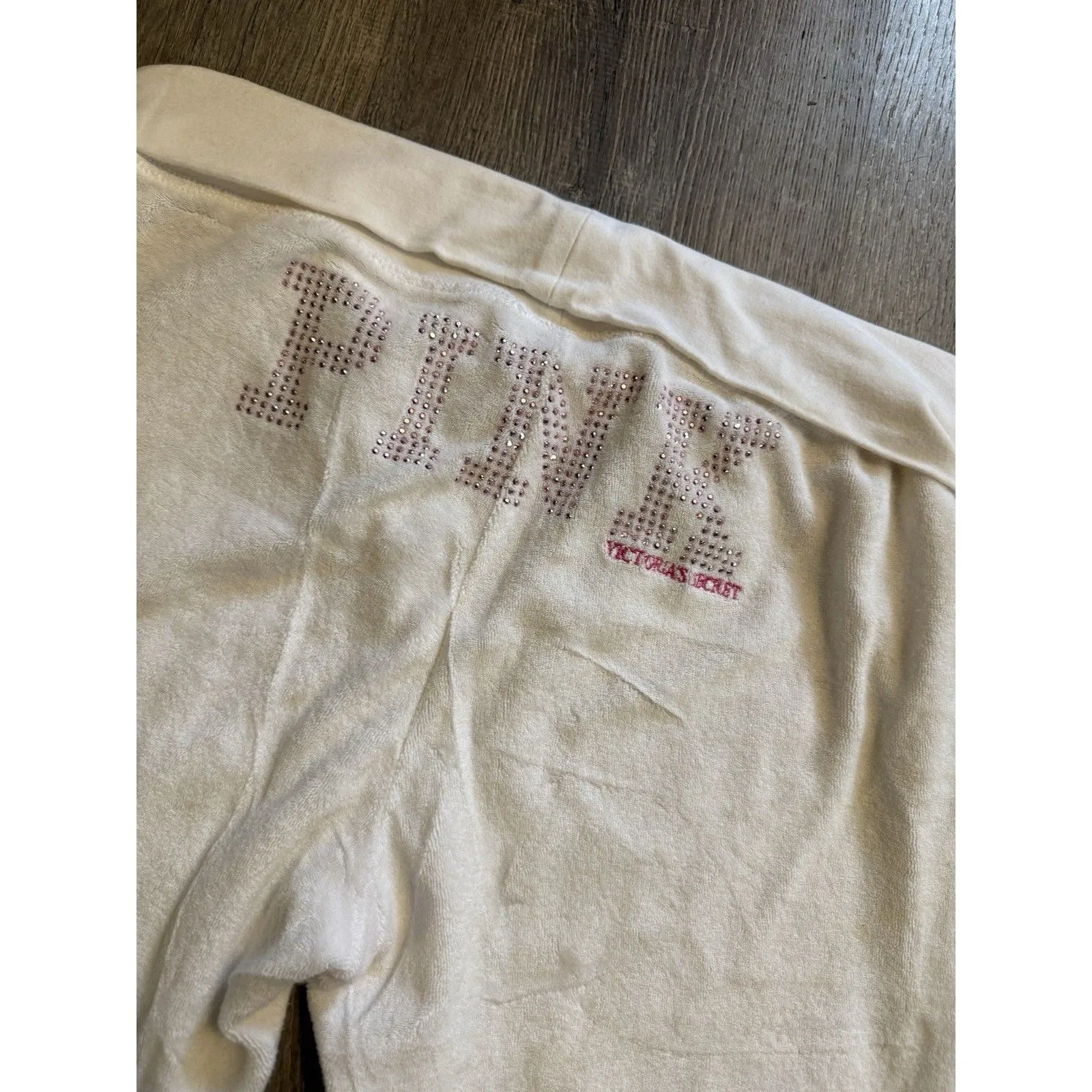 Victoria’s Secret pink white Crop Fold Over Bling Love Y2k crop pants Velour S - Image 2