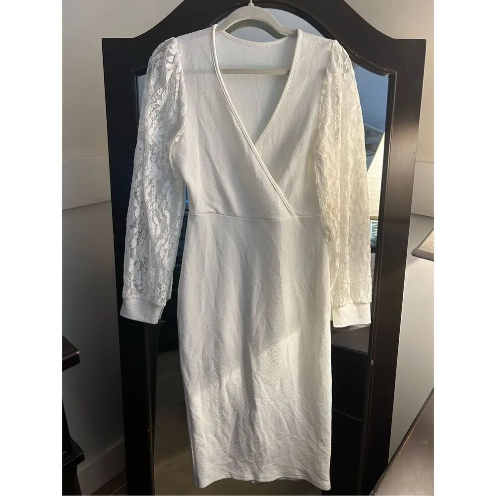 NEW Semi Formal Bishop Sleeve V Neck Bodycon Midi Dress M White Size M - Image 3