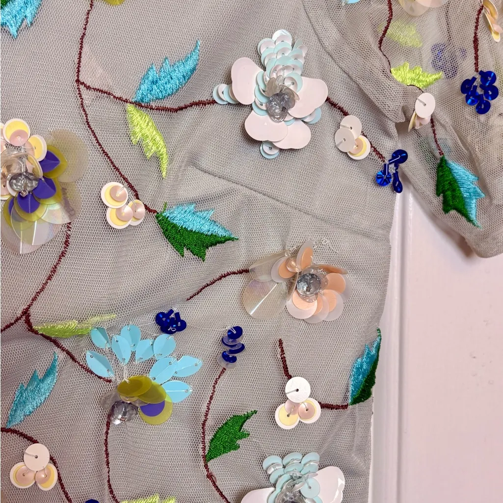 ASOS Sage Green Embellished Mesh Floral Top Fairycore Avant Garde Size 00 - Image 6