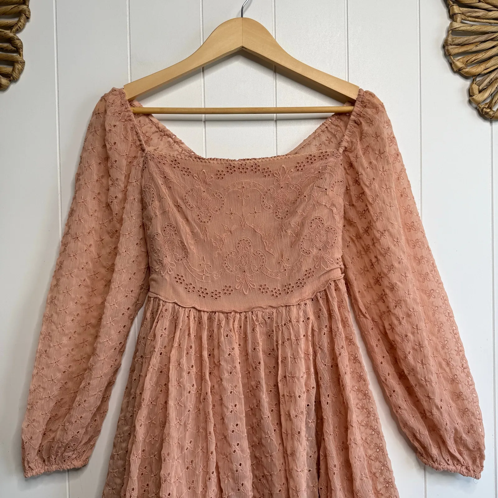 Free People dress floral eyelets pleated smocked boho summer spring Small - Image 3