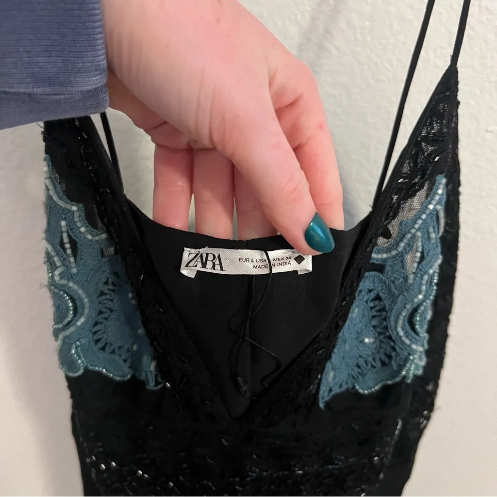 Zara Women Maxi Lace Dress Black Embroidered Beads - Image 2