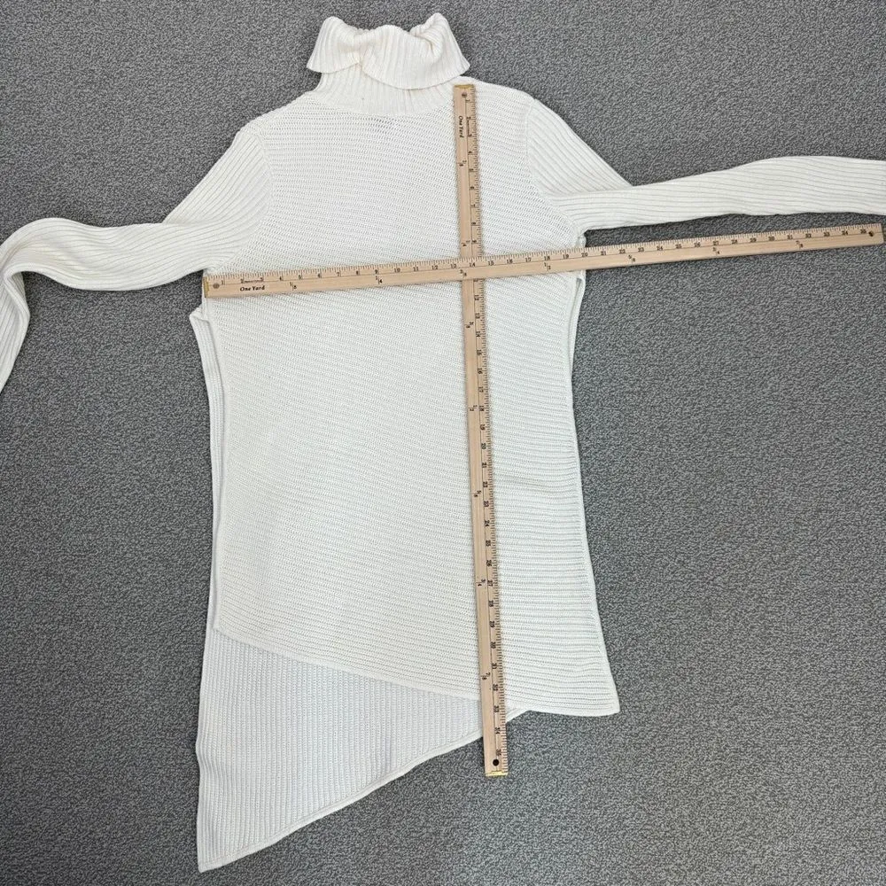 EXPRESS  Ribbed Asymmetrical Hem Split Side Long Sweater Cream Large Turtle Neck - Image 11