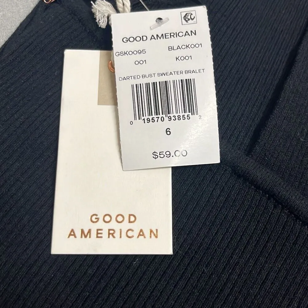 Good American 6 US 2X Black Ribbed Sweater Bralet Crop Top Plunge Neck NWT Sexy - Image 6