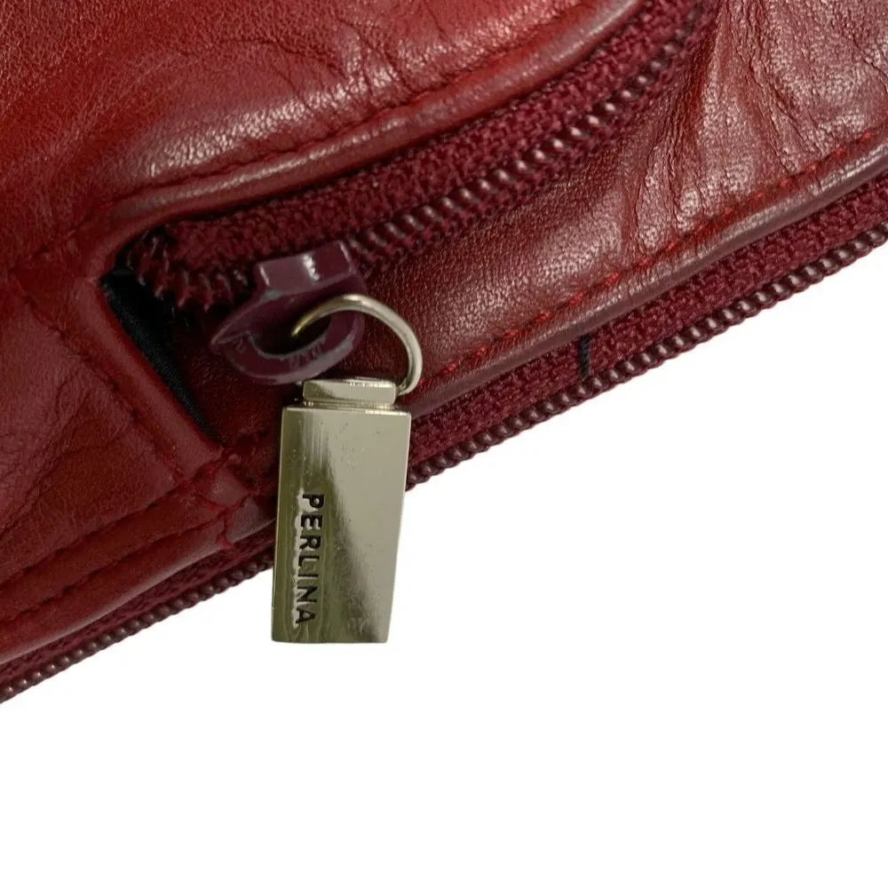 Vintage PERLINA Dark Red Leather Small Zip Top Handbag Purse - Image 3