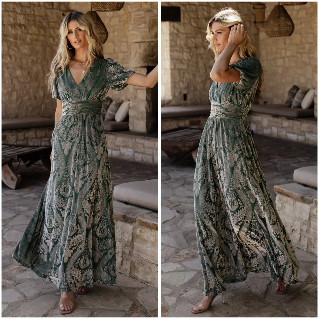 Baltic Born Leslie Velvet Maxi Dress w/ Pockets in Sage & Silver Size S NWOT - Image 4