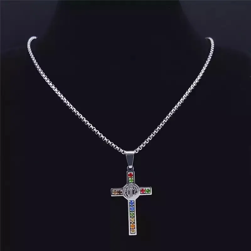 Stainless Steel Crystal Silver Cross Pendant Necklace - Image 2