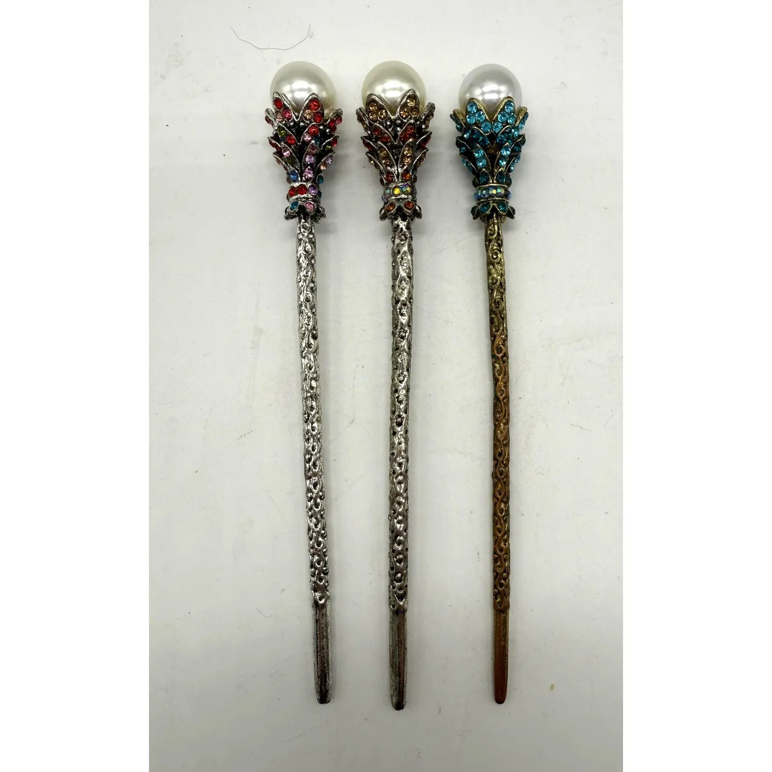 Pearl Rhinestone Hair Sticks Set Of 3 Womens Multicolor Metal Updo Bun Pins - Image 2