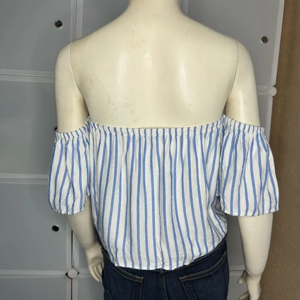 Vici Womens White & Blue Striped Off The Shoulder Tie Waist Top Size Large - Image 3