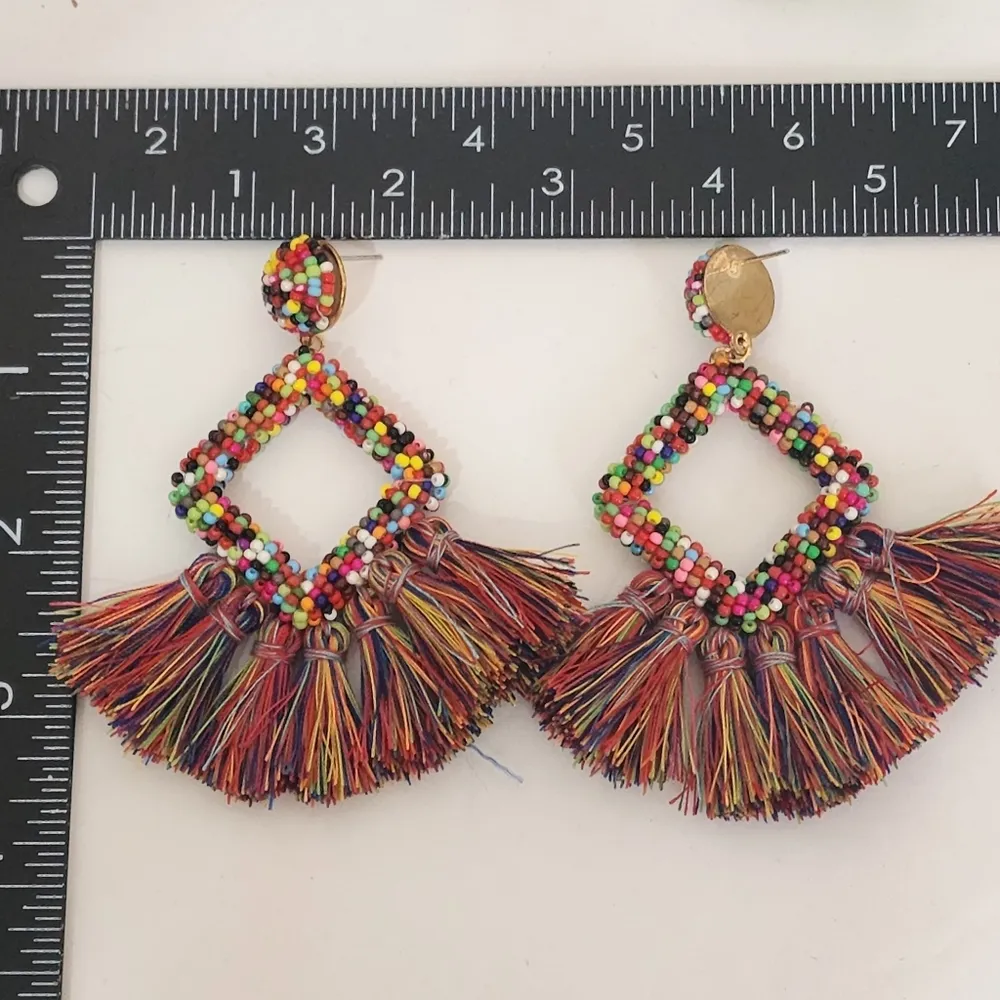 Boho Ethnic Multi Color Seed Bead and Tassel Fringe Earrings Red - Image 6