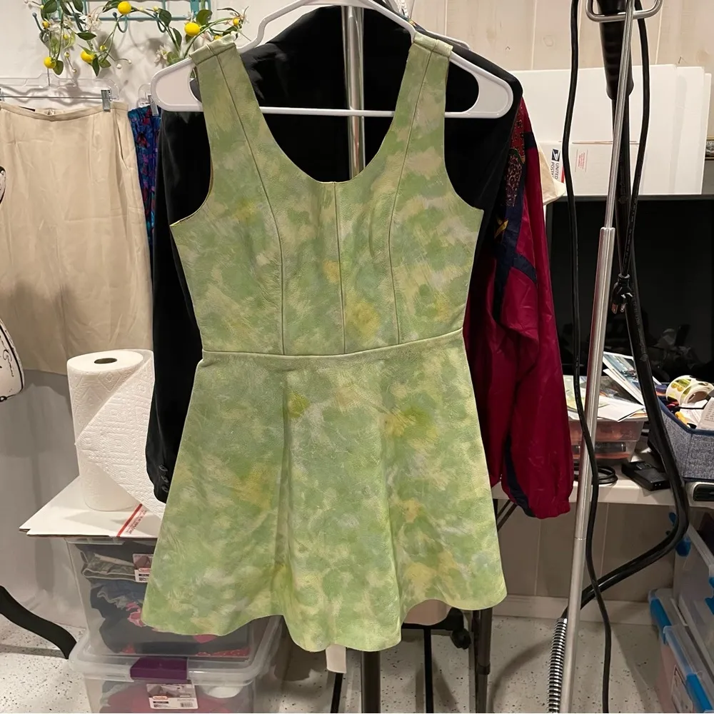 Steampunk leather mini dress handmade tie die skater mini open back flare Yellow Size XS - Image 4