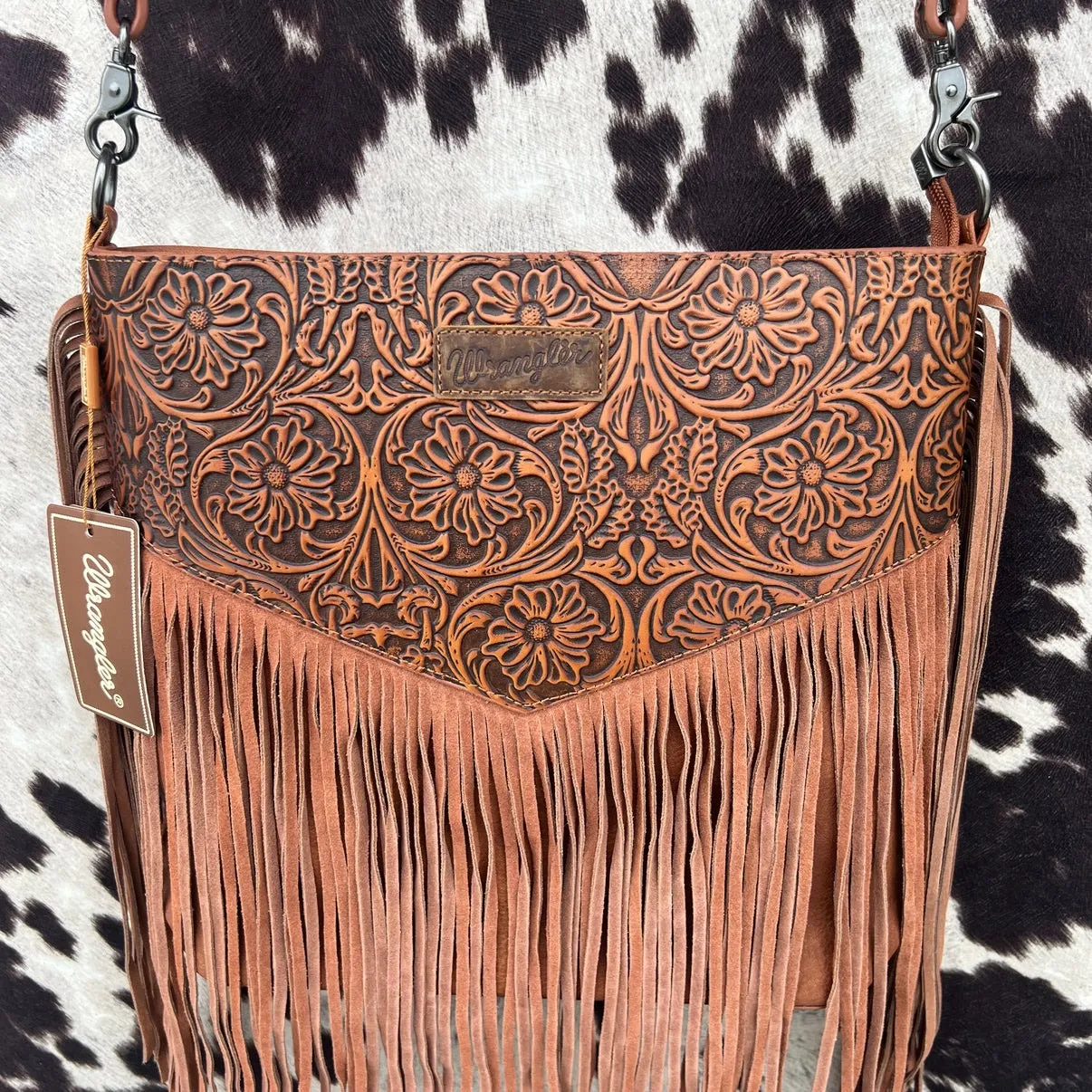 Tooled Leather Cross Body Brown Fringe LARGE NWT floral western purse - Image 5