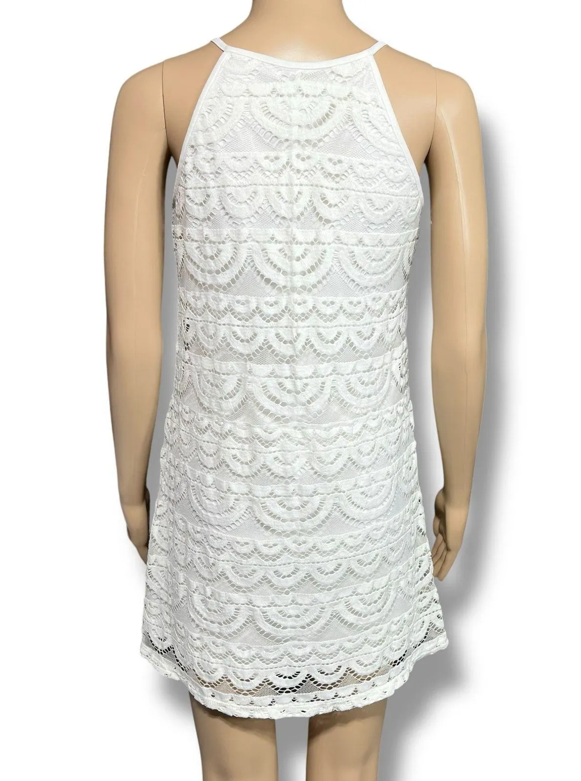 Lily Rose Womens Lace A Line Dress Mini Length V Neck Halter Top White Small - Image 3