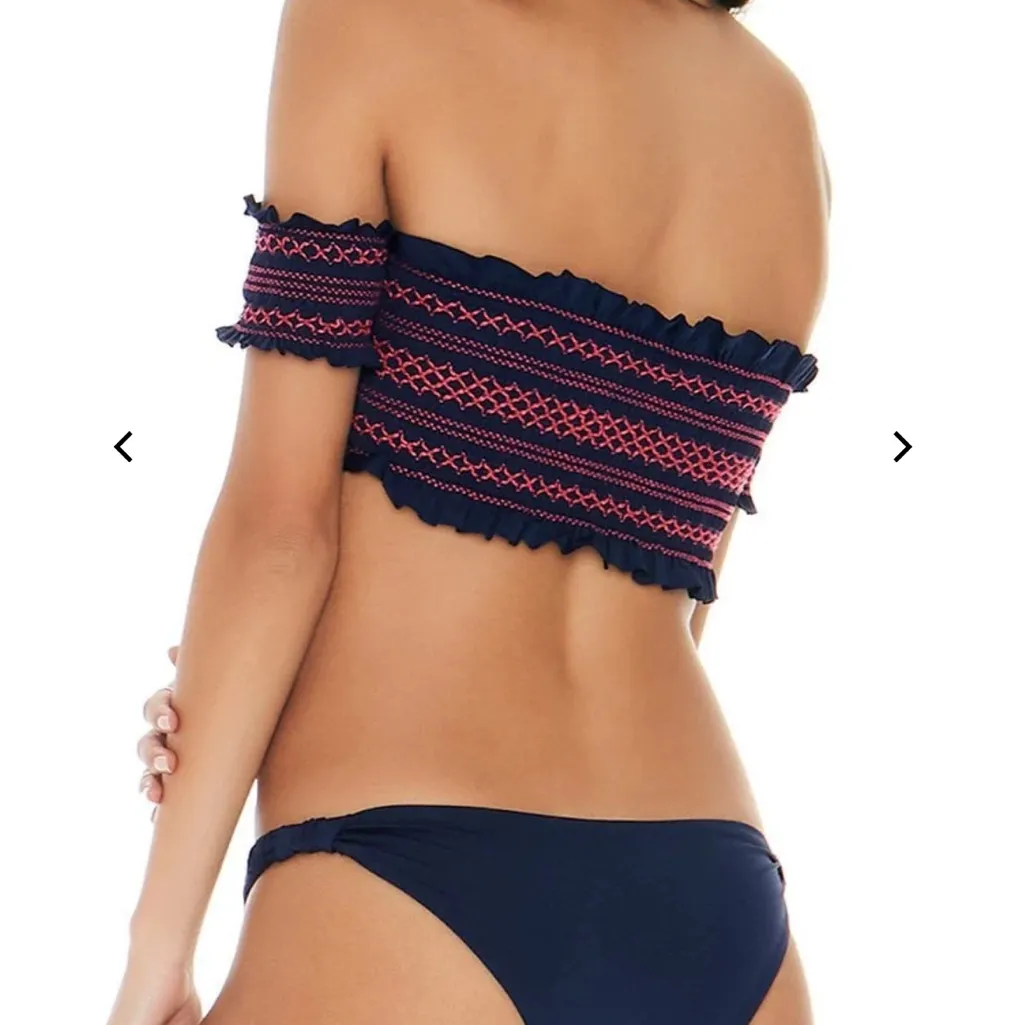 L Space Adrianna‎ Smocked Off-The-Shoulder Bandeau Bikini Top In Blue and pink - Image 2