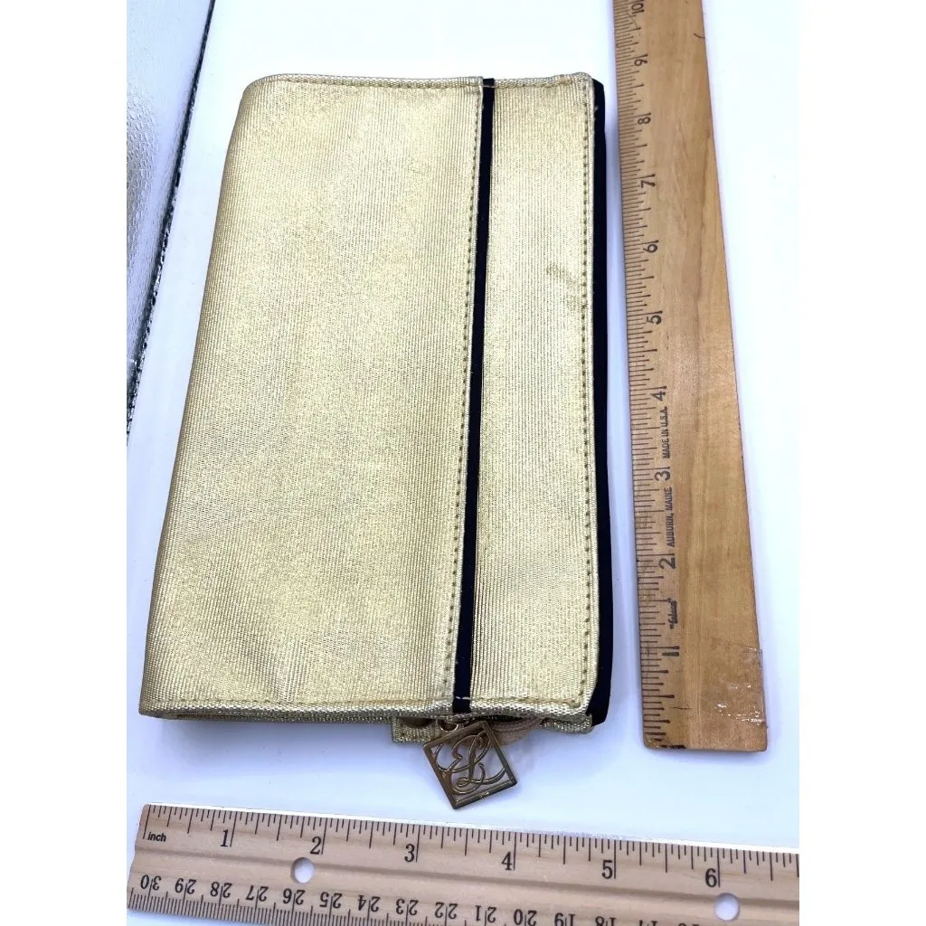 Gold Fabric Clutch With Zipper & Logo Charm Womens Evening Bag 9"x6" - Image 3