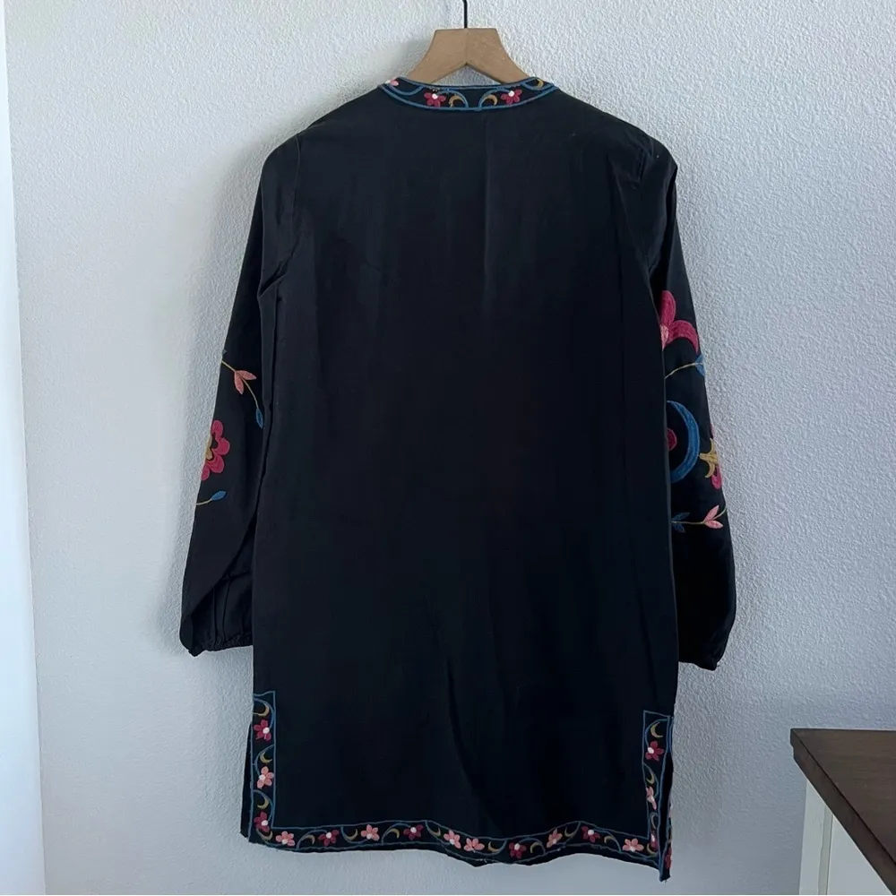 NWT Zara Statement Embroidered Dress Black Cotton Linen Boho Beaded Tassel XS - Image 2