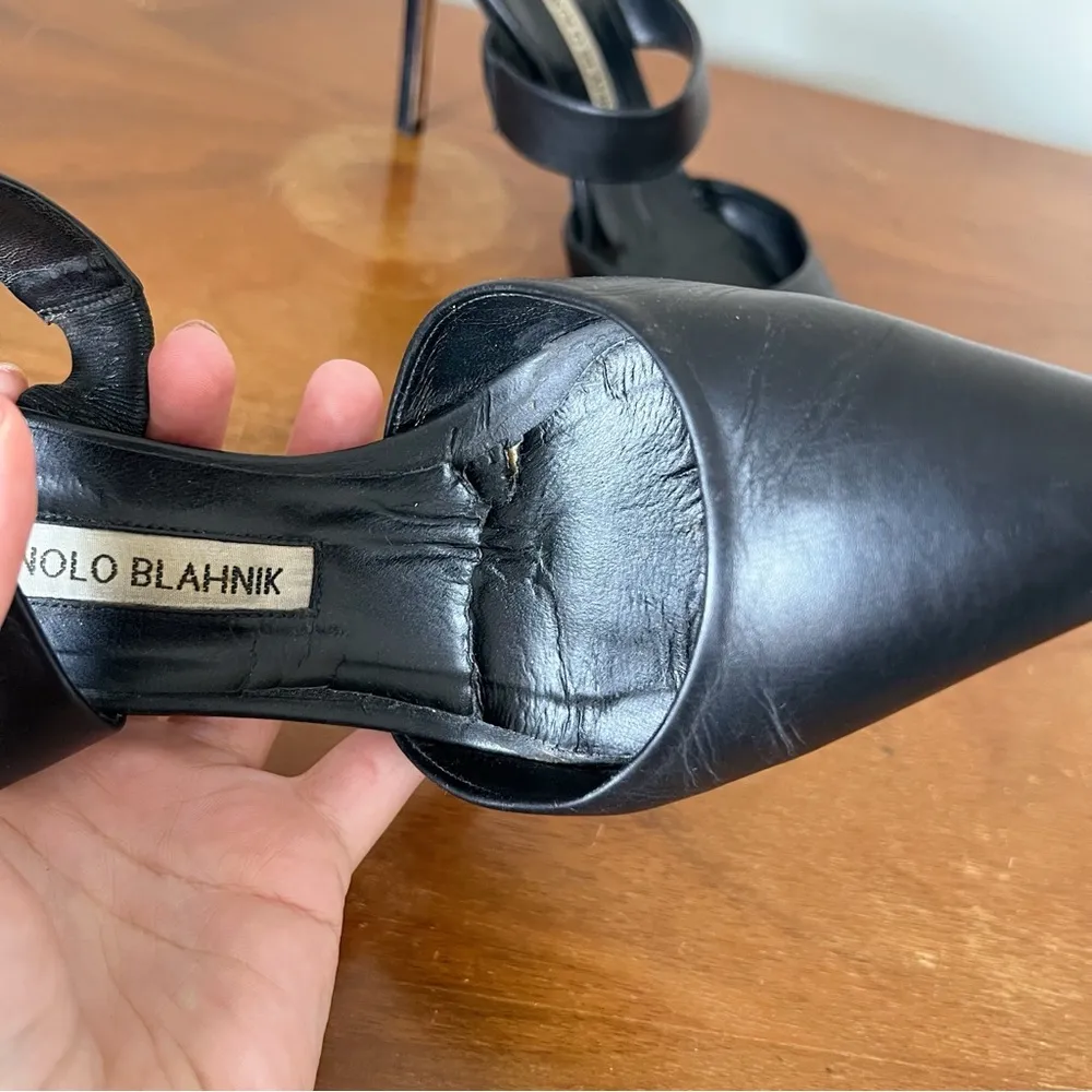 Manolo Blahnik • Trovina black leather mules stiletto heel pointed toe strappy - Image 4