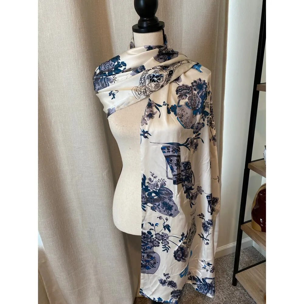Minn Silk Floral Vase Print Scarf Wrap Shawl Blue Silk Long Women’s Accessory White - Image 3