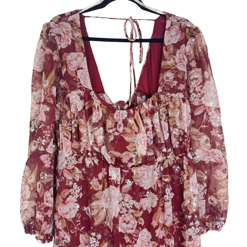 NWT ARULA Altar’D State Pink Floral Maxi Dress Long Sleeve Open Back Sequin XL X Red - Image 3