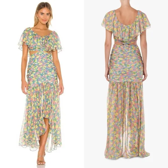 AMUR Amore Floral Ruffle Cutout Silk Maxi Dress Sz 6 - Image 2