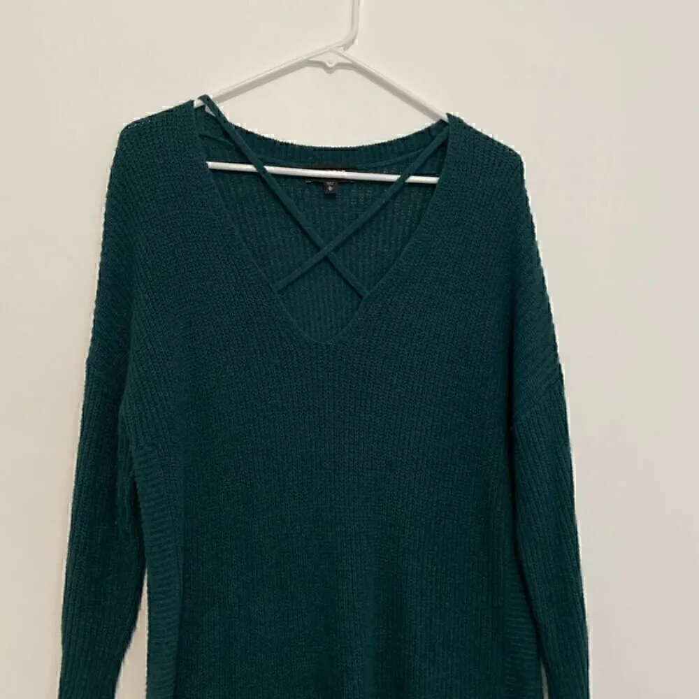 EXPRESS Strappy Circle Hem Tunic Sweater Solid Teal Green Blue 3/4 Sleeve Winter - Image 5