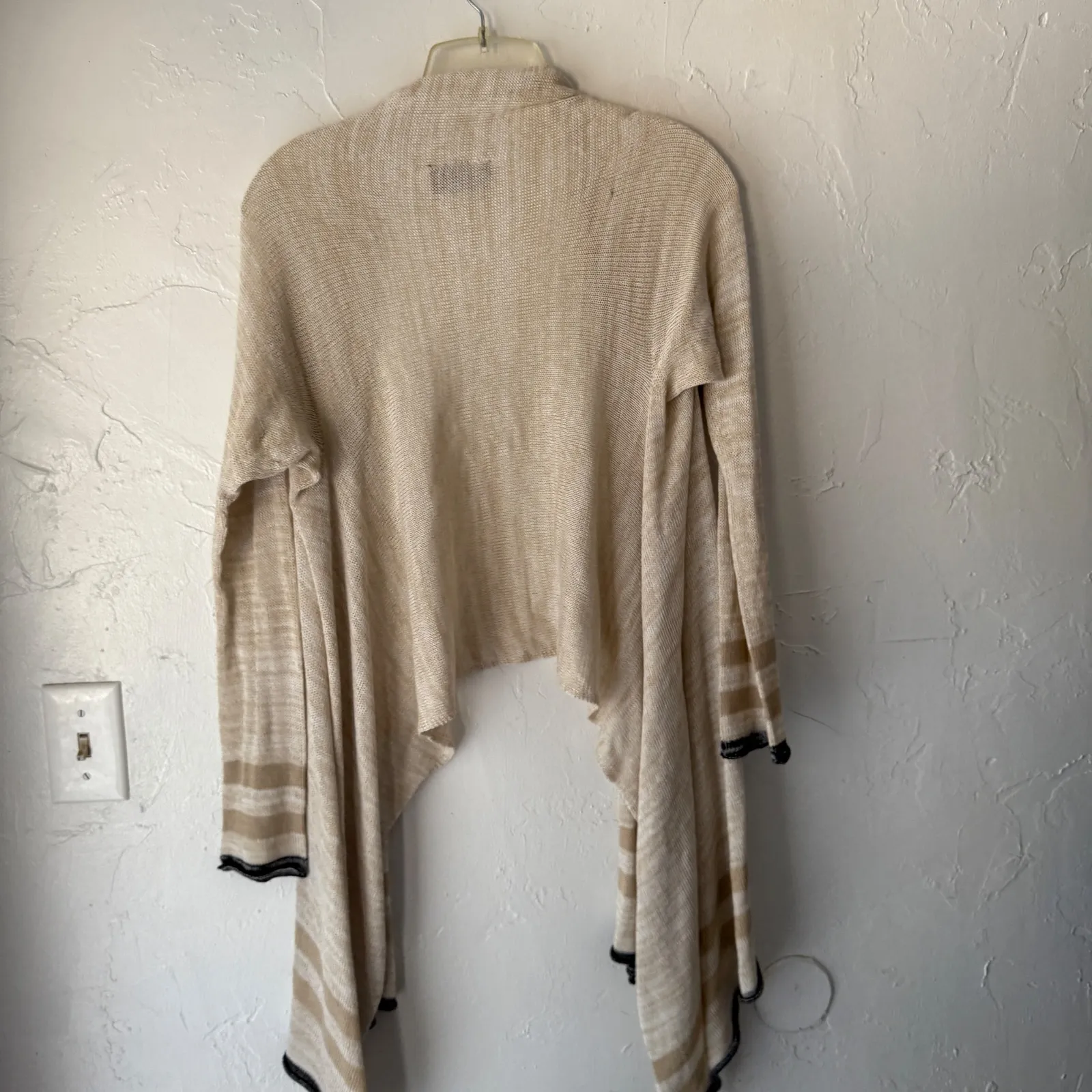 Wooden Ships Draped Open Front Cardigan Beige Striped Trim Long Sleeve Coastal M - Image 7