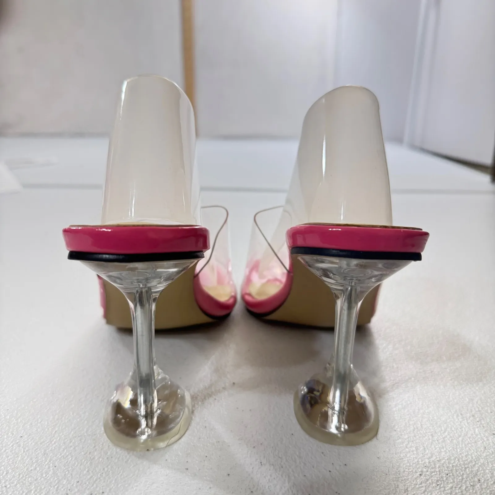 MAIERNISI Clear Heels Sandals Square Toe High Stiletto Mules Slip on Wedding 9 Pink - Image 7
