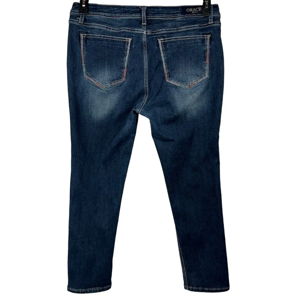 Grace in LA SZ 33 Easy Fit Straight Jeans Embroidered Stretch Mid-Rise Whiskered - Image 5