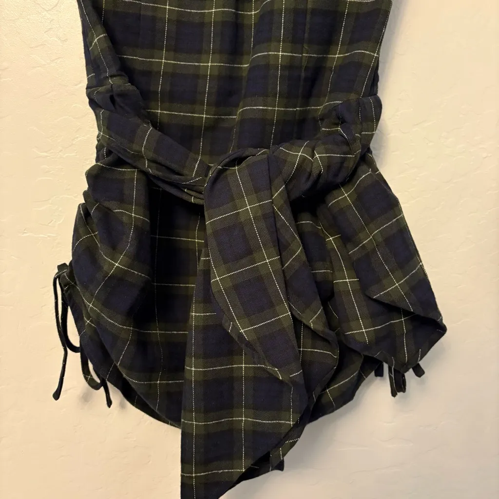 Innovare denim Ceyhun Grid Plaid Fringe Spaghetti Mini Dress size medium NEW Green - Image 10