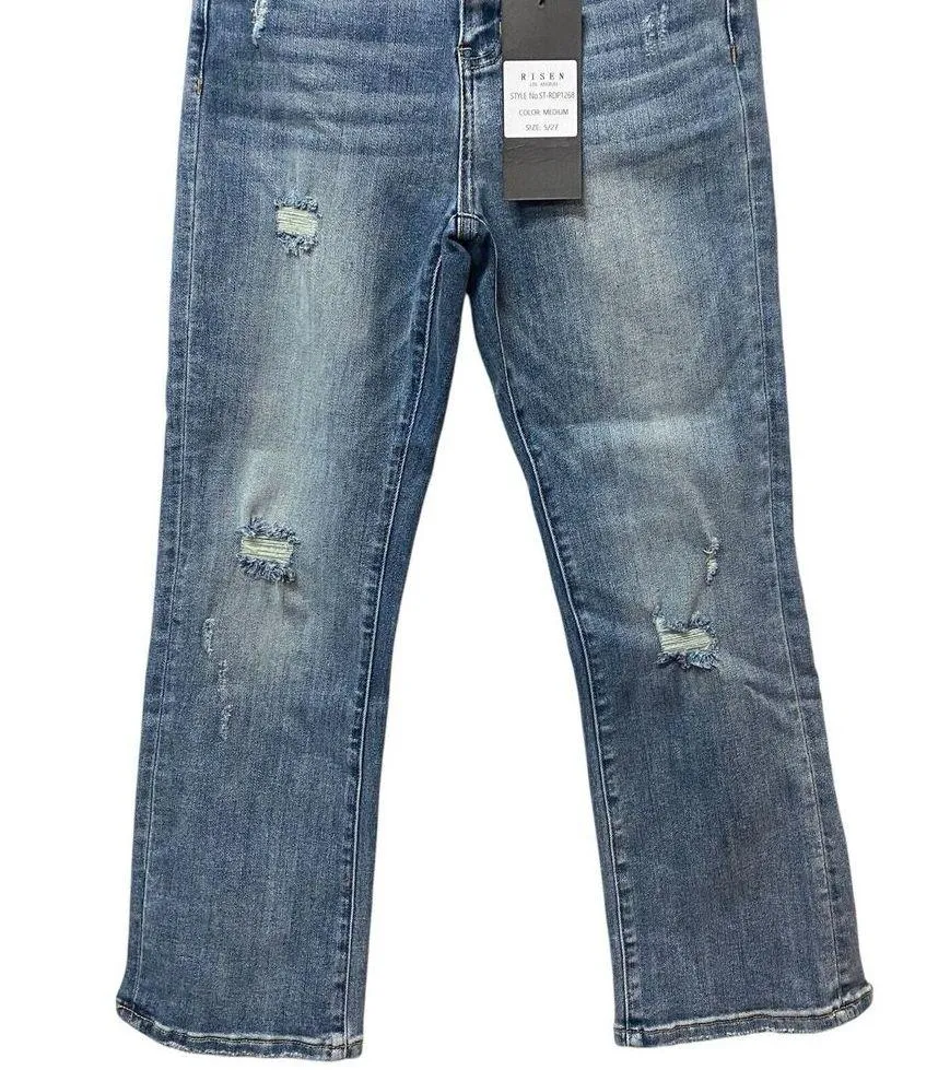 Risen High Rise Crop Flare size 5/27 Medium Wash Distressed Stretch - Image 2
