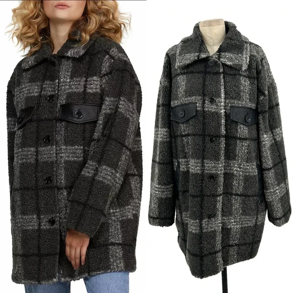 NVLT Plaid Faux Leather Trim Coat Gray Sherpa‎ Shacket Size XL - Image 2