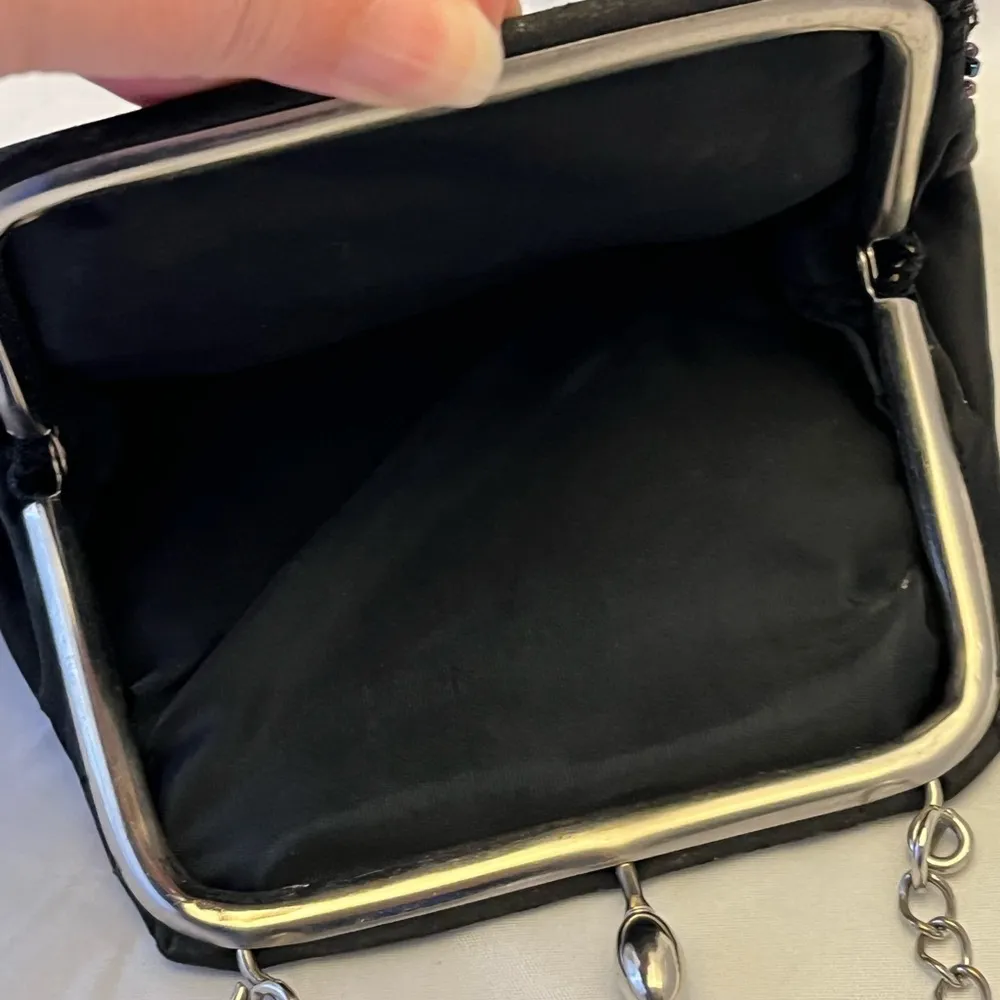 Black Satin and Beaded Purse, Chain Strap, Vintage VGUC - Image 3