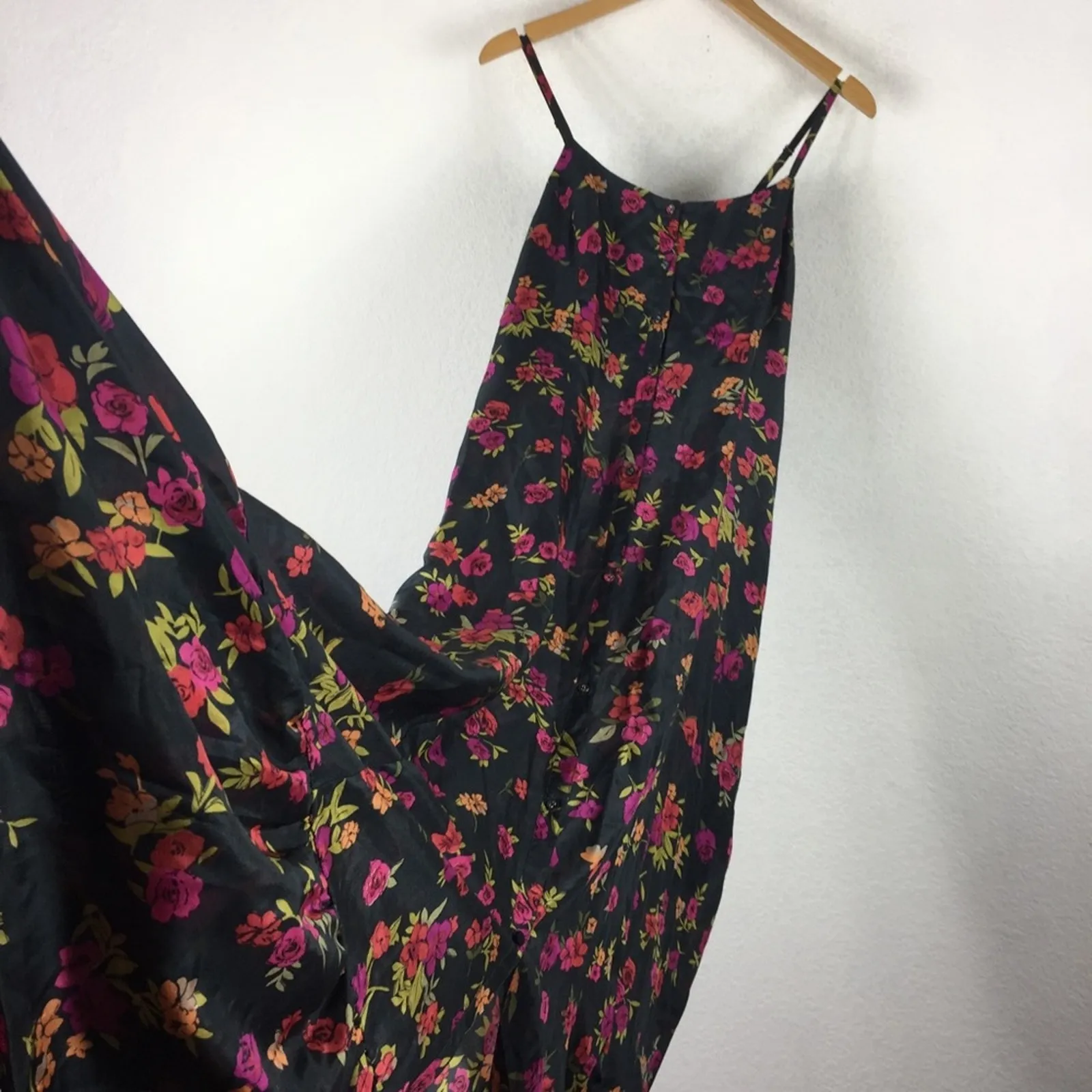 Johnny Was Maxi Dress Small Black Floral 100% Silk Button Ruffle Hem Slip Boho - Image 13
