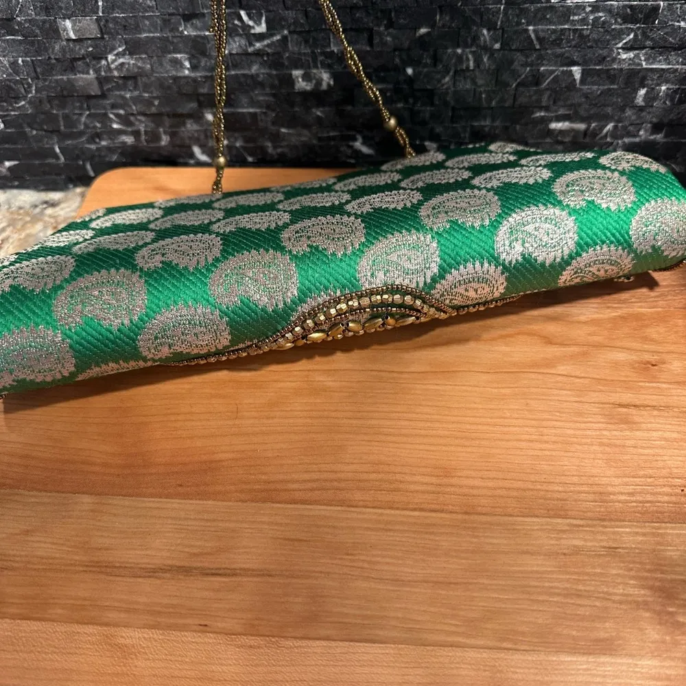 Evening Bag Beaded Sequin Clutch India Purse Green Gold Prom Formal - Image 6