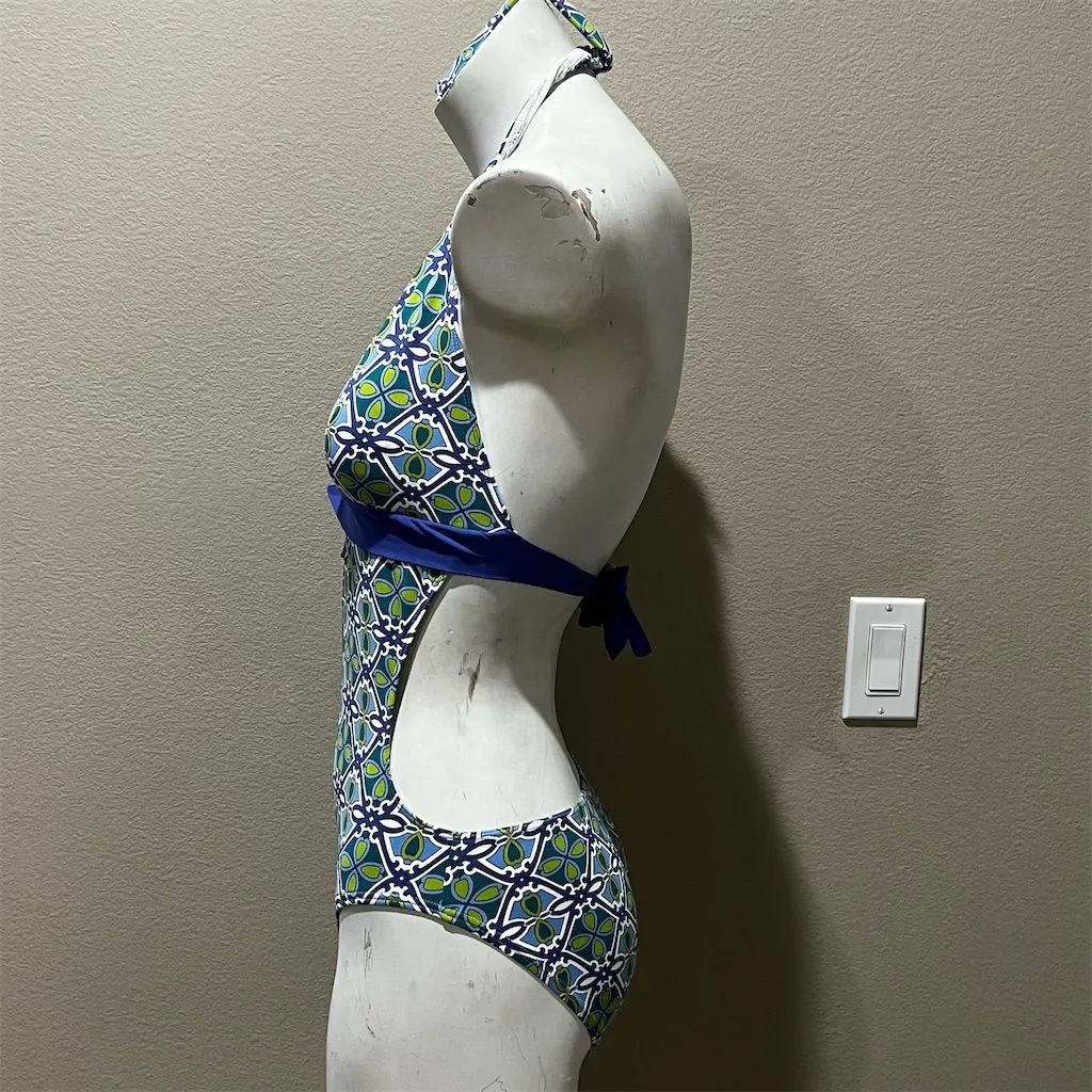 Merona Women's One Piece Swimsuit Size 8 Navy Green Geometric Print Halter - Image 5