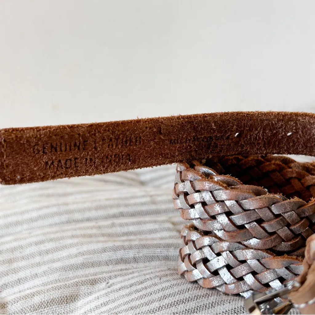 Michael Kors Metallic Silver Braided Leather Skinny Belt - Image 3