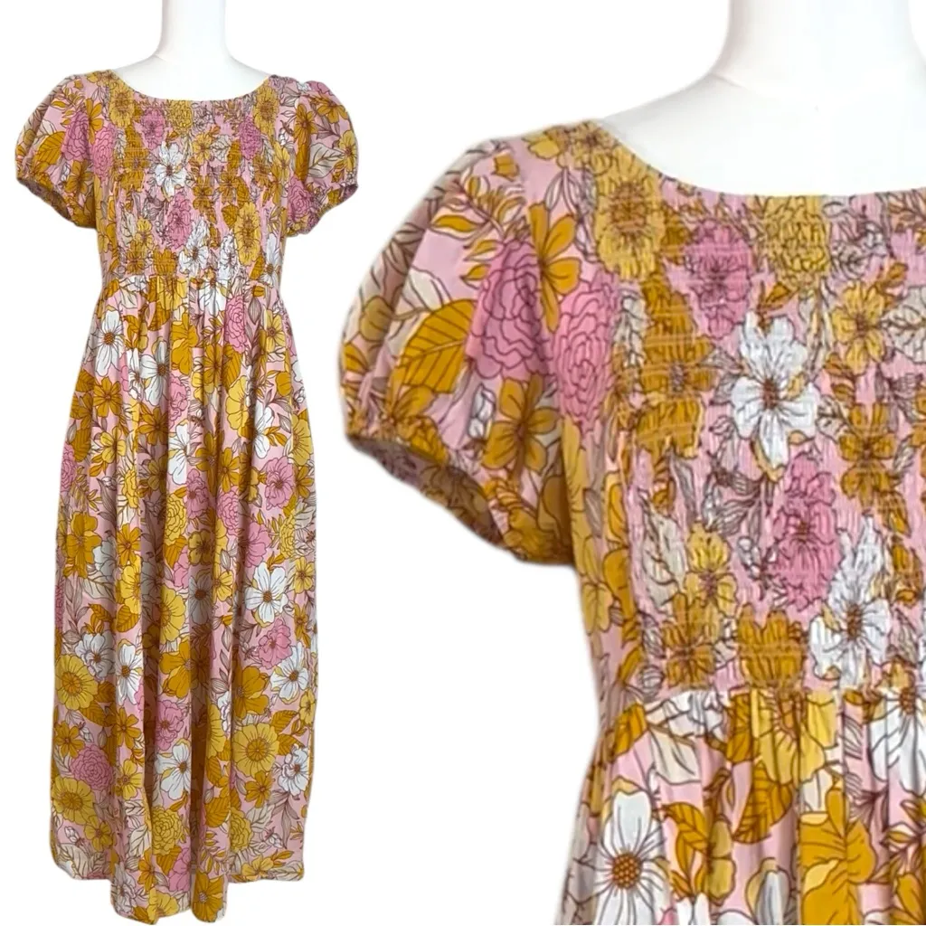 Anthropologie Kachel Smocked Retro 70s Floral Maxi Dress Size XL Spring Bohemian Pink - Image 9