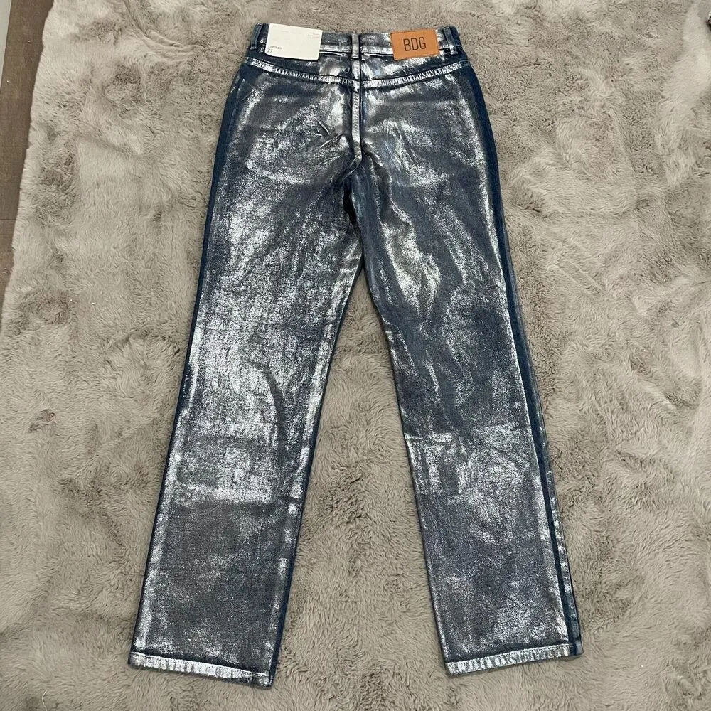 Urban Outfitters BGD High Rise Cowboy Jeans Silver Coated Size 27 Festival Disco - Image 14