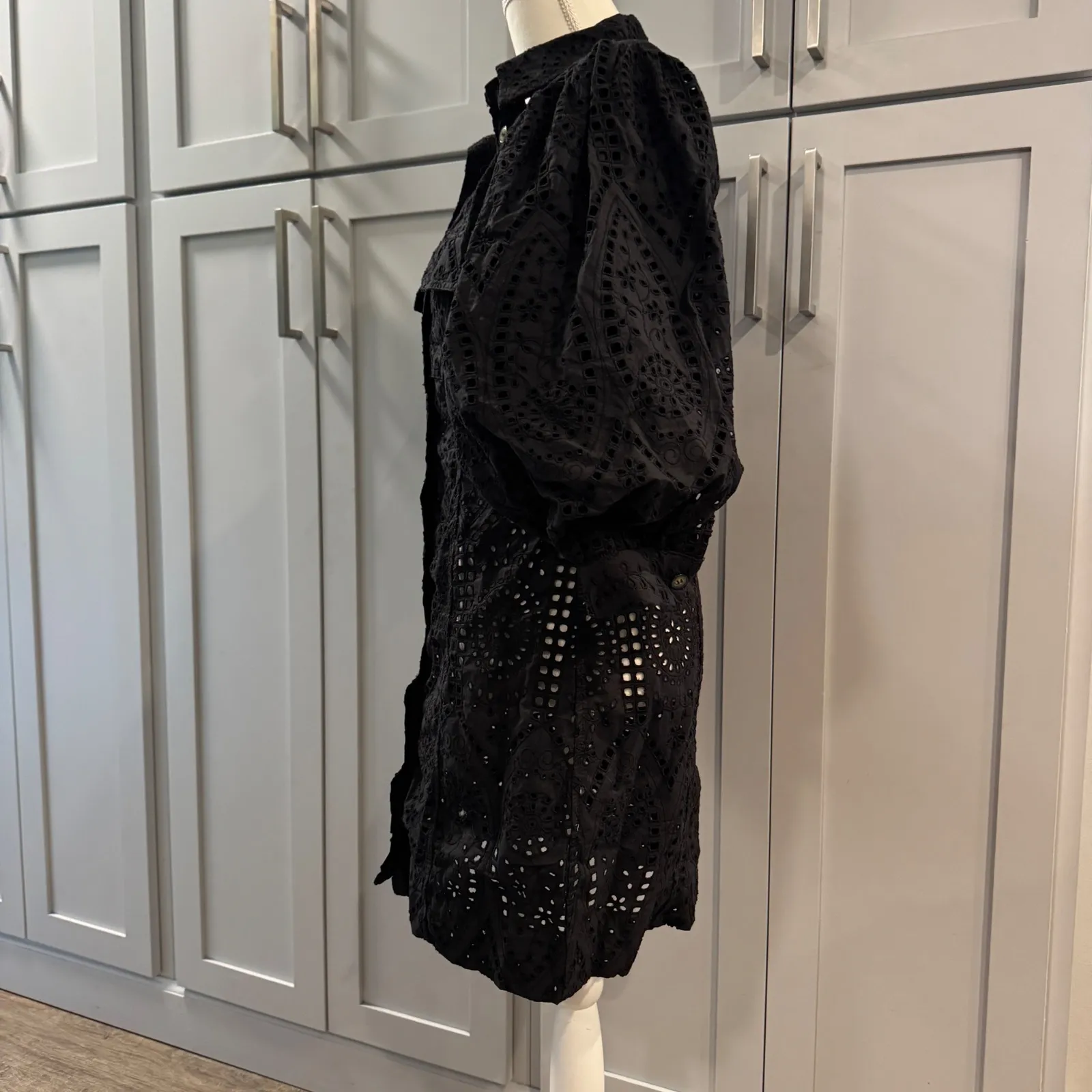 Ganni Black Eyelet Puff Sleeve Button Up Mini Shirt Dress Size 38 - Image 3