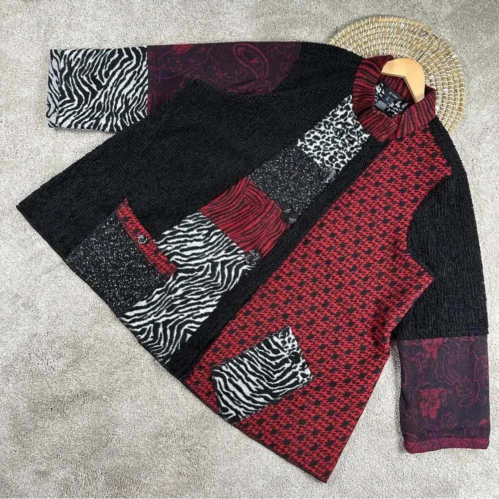 Ali Miles Multi Patchwork Print Funnel Neck 3/4 Cuffed Sleeve Patch Pocket 3X Black - Image 3