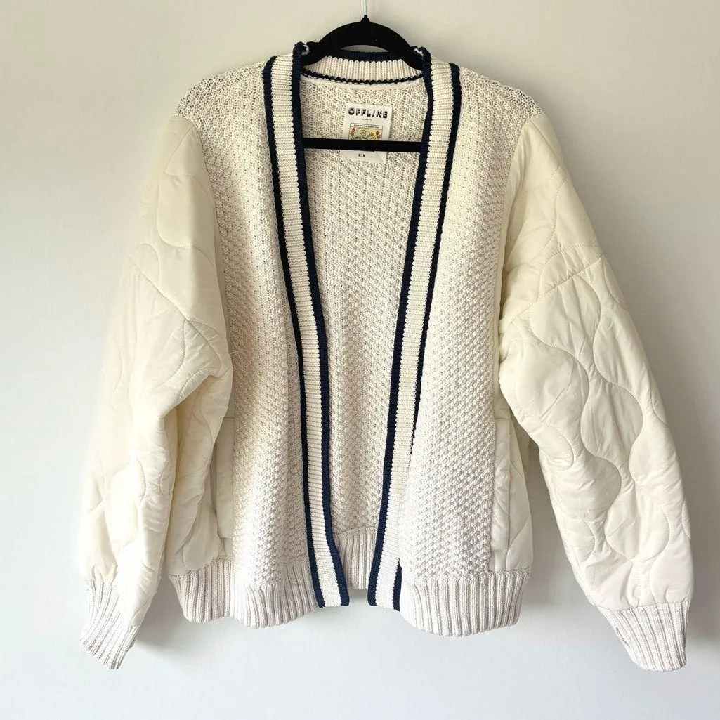 Offline by Aerie Quilted Knit Cardigan Puffer Cream Navy Oversized Sweater Cozy - Image 4