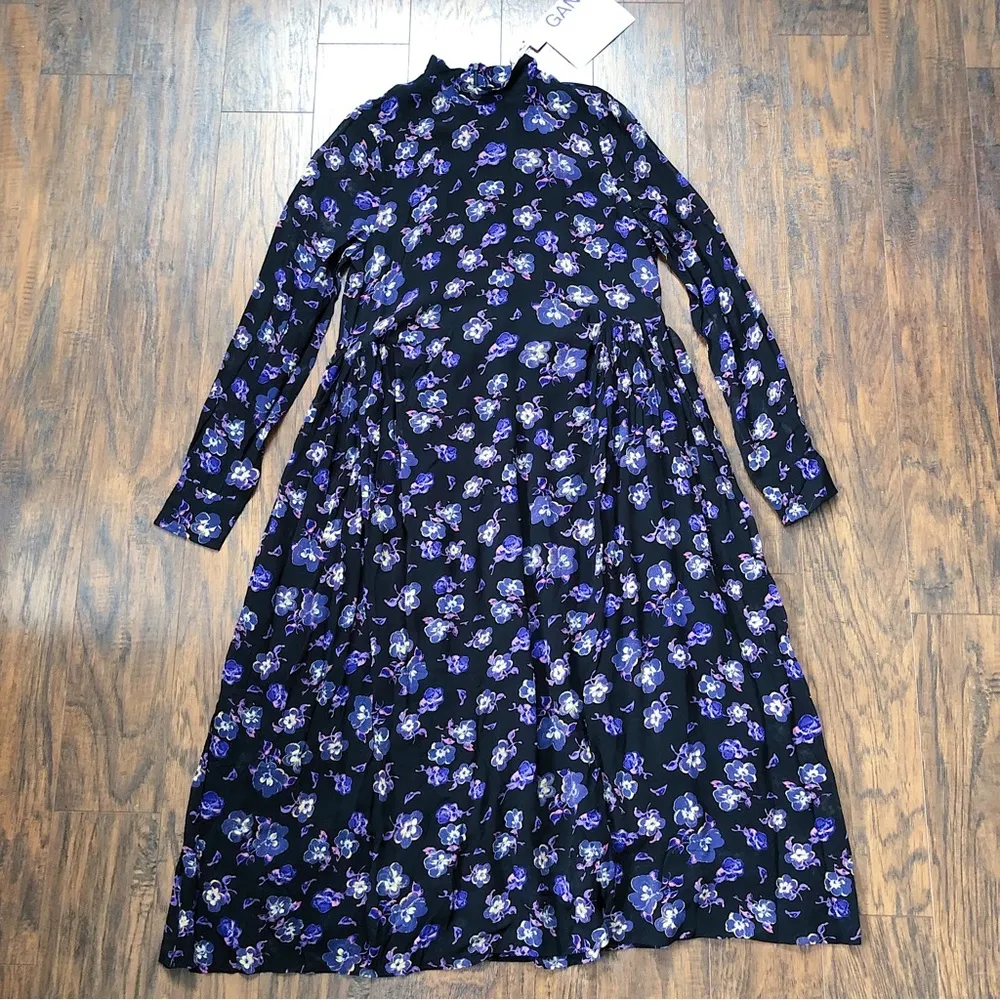 Ganni • Floral Print Georgette Midi Dress black purple flowy chiffon high neck - Image 3