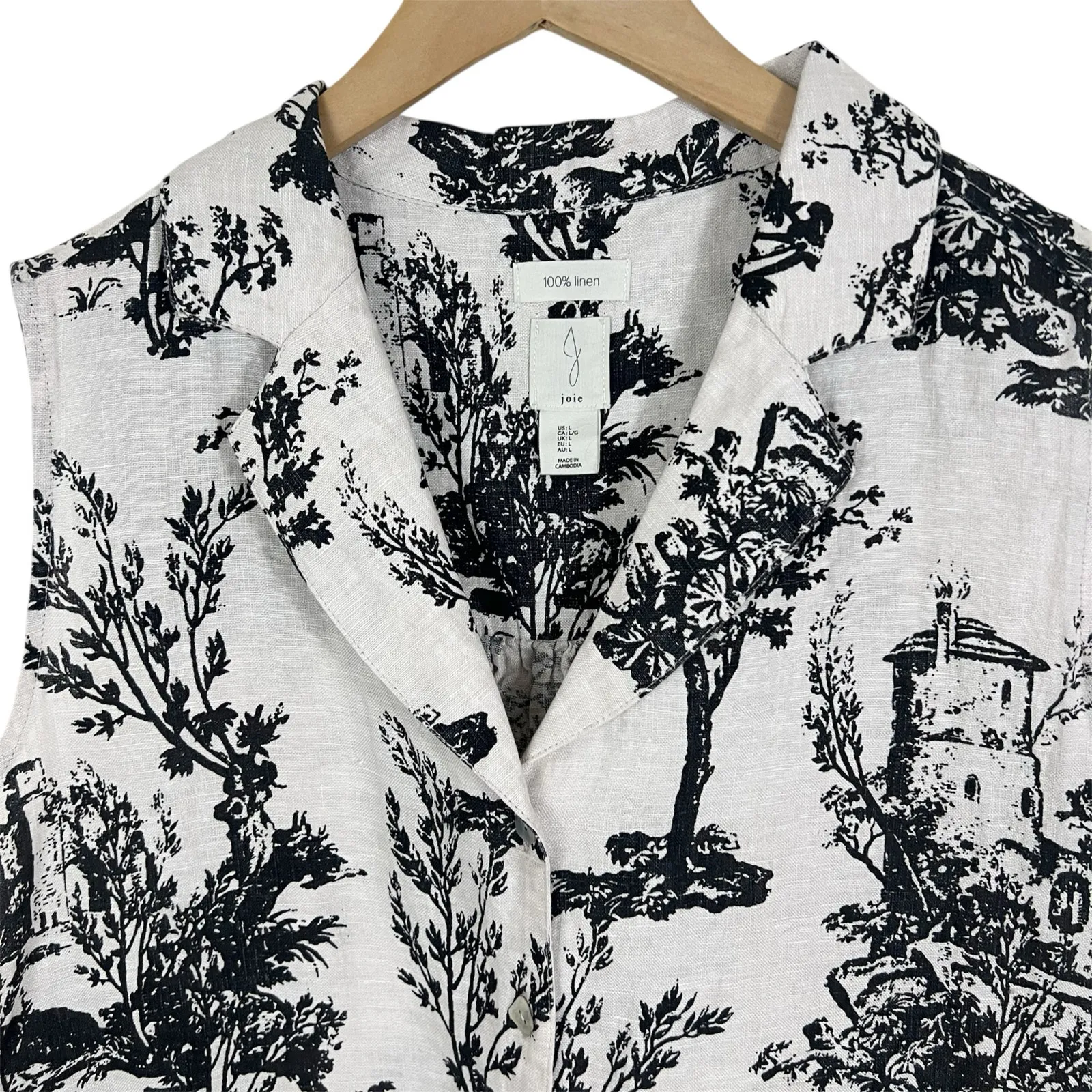 Joie 100% Linen Sleeveless Top Shirt White with Black Toile Scenic Print Large - Image 4